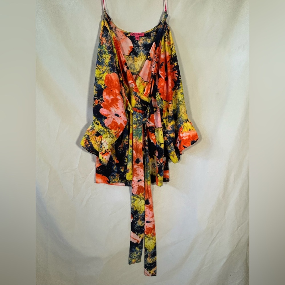 BETSEY JOHNSON ABSTRACT FLORAL EMPIRE TIE V NECK BELL SLEEVE TOP WOMENS MEDIUM